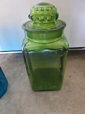 Vintage LE Smith Green Glass Lidded Square Canister picture