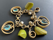 85g Antique Deco Chunky Bakelite Beads~Cage Aqua Glass Drop Heart Charm Bracelet picture