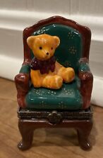 Vintage Trinket Box GREEN OVERSTUFFED ARMCHAIR with TEDDY BEAR picture