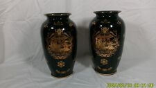 Two Vintg Black & Gold Vases w/ French Motif by L.F Fine Porcelain Lamoges -PRC picture