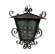 Gothic Spanish Revival Hanging Lantern MCM Wrought Iron Green Crackle Glass VTG picture
