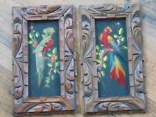 pair vintage MEXICAN FOLKART FEATHERCRAFT BIRD PAINTINGS carved wood frames picture