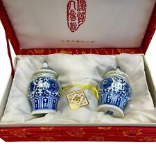 Two Chinese Blue and White Porcelain Lidded Ginger Ginseng Canisters in Box picture