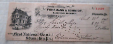 SHAMOKIN PA. FUHRMANN & SCHMIDT EAGLE RUN BREWERY PAID CHECK 1903 FIRST NATIONAL picture