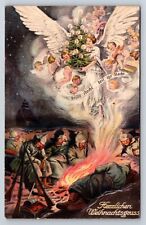 German Postcard WWI Propaganda Christmas Angels Descend Weary Soldiers Fire AT14 picture