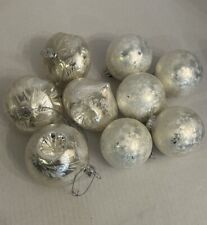 Vintage Feathered Frosted Iced White & Silver Ornaments Indented Lot of 9 picture