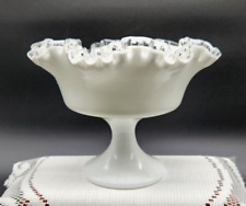 Fenton Milk Glass Candy Dish Bowl Compote Pedestal Silver Crest Ruffle Edge picture