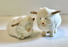 Pair Tufted Cotton Sheep Lambs Figurines Primitive Country Farmhouse Decor 2-3