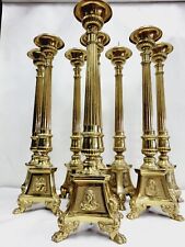 HUGE SET 8 BRASS ALTAR CANDLESTICK CHURCH W HOLY FAMILY CHALICE 25