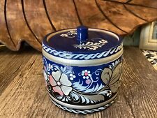 Decorative Lacquered Hand Carved Round Wood Container, 4” Trinket Decor Blue picture