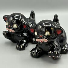 Vintage Redware Black Cat Kittens Salt & Pepper Shakers Set Japan 3.75