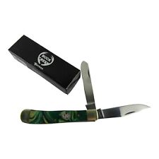 Buck Creek German Hand Made Stainless Pocket Knife, 2 Blade, Green Swirl, New picture