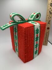 Vintage Needlepoint Tissue Box Cover Handmade Christmas Holly Bow Kitschy picture
