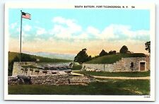 1920s FORT TICONDEROGA NEW YORK NY SOUTH BATTERY CANNONS US FLAG POSTCARD P2598 picture