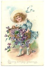 1900s Postcard Raphael Tuck Antique Birthday Greetings Girl Basket Flower VTG picture