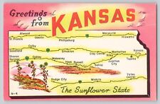 Postcard Greetings From Kansas State Map Flag Bird Flower Unposted  JF1.46 picture