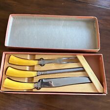 Vintage Bakelite Butterscotch Three Piece Carving Set with Wooden Holder picture