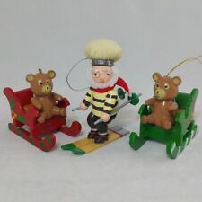 Kurt Adler Hershey's Elf Skiing 2002 & Wood Sled With Bear Ornaments Lot Of 3 picture