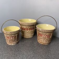 3 VTG Chase Ceramics Japan Faux Wood Snack Buckets Potato Chips, Nuts & Pretzels picture