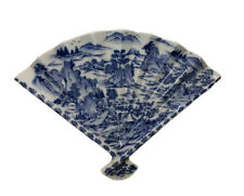Vintage Shibata Japan Porcelain Fan Shaped Tray Blue And White Landscape AS IS picture