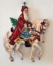 VICTORIAN SANTA on WHITE HORSE * Glitter CHRISTMAS ORNAMENT * Vtg Img picture