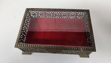 Vintage Antique Small  Gold Brass Metal Trinket Footed Jewelry Box  Glass Lid  picture