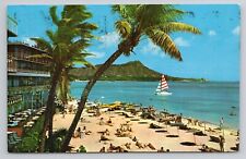 Diamond Head from Waikiki Beach Honolulu Hawaii Sailboat Sun Bathers Postcard picture