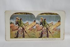 Antique Stereo View Card A Back Load of Big Trout Man Fishing Lake Canoe picture