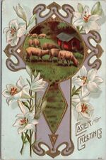 1911 EASTER Greetings Embossed Postcard Sheep Herd Grazing / Lily Flowers picture