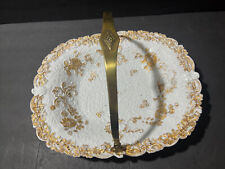 Antique Meissen Oval Bowl Plate With Metal Handle Gold Flowers, Grape, leaves picture