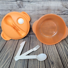 Tupperware Crystal Wave Plus Lunch Bowl w/Utensils Hot Food On The Go Orange EUC picture