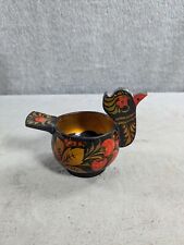 VINTAGE HAND PAINTED ROOSTER CHICKEN RUSSIAN KHOKHLOMA WOODEN BOWL 3.5” Tall picture