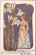 1900 French Language of Flowers / ART NOUVEAU Postcard Pretty Lady LIS: MAJESTE picture