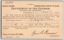 Vintage Postcard 1890 Dept. of Interior Bureau of Pensions Receipt of Claim picture