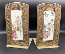 2 Antique/VTG Asian Painted Porcelain Plaque Tiles in Bronze Brass Bookends picture