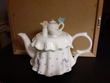Teleflora Vintage Teapot, Tea Party,White, Purple bows & Polkas Dots, Blue Bird picture