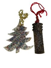 (2) 1960s Chunky Glitter Christmas Ornaments Tree & Candle Wood Handmade Vintage picture