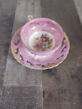 Royal Sealy Cup and Saucer Iridescent Pink and Gold Flowers Vintage  picture