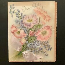 Vintage Birthday Greeting Card Beautiful Pastel Flowers W/ Real Pink Bow Fringed picture