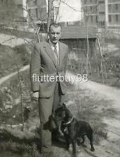 Y214 Vtg Photo SUITED MAN WITH PIT BULL DOG c 1953 picture