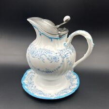 Antique Cauldon England Turquoise Blue & White Porcelain Syrup Jug Pewter Lid picture