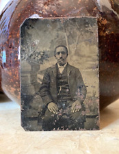 AFRICAN AMERICAN MAN w/GOLD WATCH CHAIN c1880's TINTYPE PHOTO picture