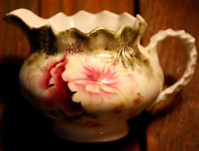 Antique VICTORIAN Porcelain Creamer HAND PAINTED FLOWERS W Fluted Piecrust Rim  picture