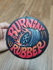 Open Road BURNING RUBBER Distressed Round Tin Sign 6-3/4” MUSCLE CARS picture