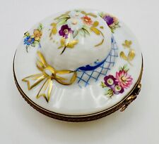 Limoges France Porcelain Hinged Trinket Box Hat Bonnet Bow Rose Florals Gold picture