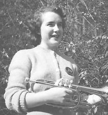 6C Photograph Lovely Woman Portrait Holding Brass Trumpet 1940's  picture