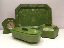 Halex Vintage Green Marble Plastic Dressing Table Pieces Plus Clock picture