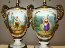 Amazing Antique Pair Hand Ptd French Porcelain LAMPS BRONZE RAMS Heads Ormolu picture