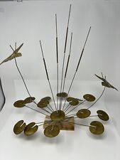 Mid Century Metal Cattails, Lily Pads & Butterflies Sculpture Onyx Base Signed picture