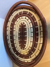 Vtg woven bamboo coiled Jute Serving basket with handles Lrg 19 x 13 x 2